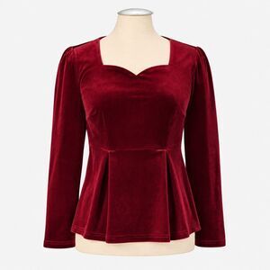 The Pyramid Collection Velvet Sweetheart Long Sleeve Peplum Top Ruby Red L NEW